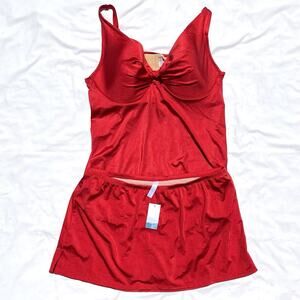 Swim Cacique Tankini Swimsuit Set Skirt 42DD 18 Skirt Red Plunge Skirtini Plus